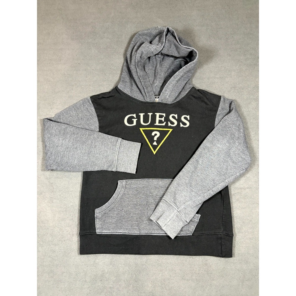 Guess Hoodie Unisex Kids L(14) Gray Black Cotton Fleece Lined Kangaroo Pocket